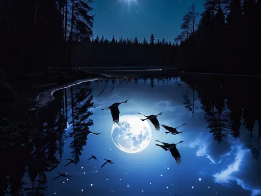 Prompt: 
Night-time atmosphere, a dark forest in winter, with a pond in the foreground reflecting the full moon and a beautiful flight of cranes