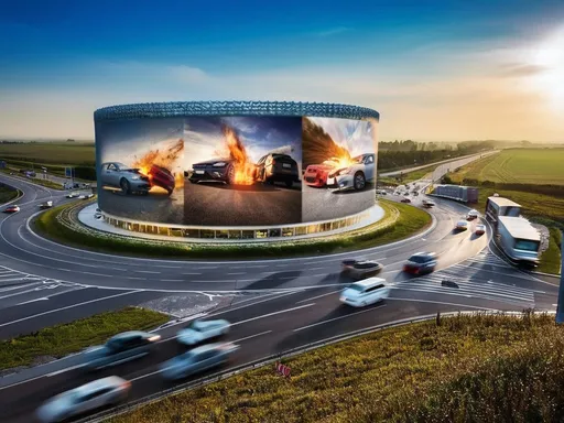 Prompt: 
Campaign. Eye-level image of a large traffic roundabout in a flat landscape, with quite a lot of car traffic on the road. On the roundabout a large cylindrical structure with images of terrible crashes