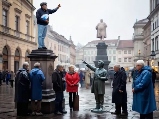 Prompt: 
Roleplay. Atmospheric image on a square in an old historic city, where a guide provides explanations to a group of older tourists, past the statue of a historical figure, in heavy rain
