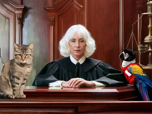 Prompt: The Verdict. Symmetrical image slightly from bottom to top, in the center a strict English judge, in typical clothing with ceremonial wig, sitting behind a classic English court counter. On the left an innocent looking cat, on the right a battered colorful parrot