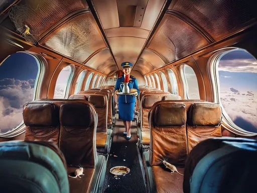 Prompt: 
Pleasant flight. An old shabby airplane interior, with an elderly stewardess in the center, serving water and bread, with worn-out seats, food remains on the floor, mice and spiders on the seats