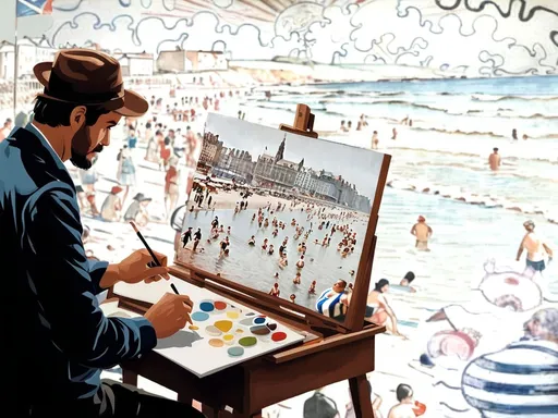 Prompt: 
1899 Tribute to James Ensor, The Baths at Ostend.