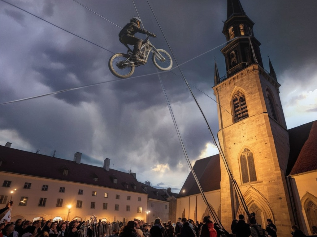 Prompt: a man on a bike is high in the air above a crowd of people in front of a church, Artur Grottger, viennese actionism, award - winning photo, a surrealist sculpture