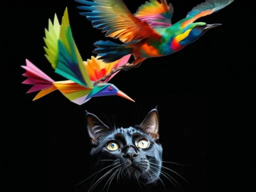 Prompt: Learning to Fly. A multi-colored bird clutches a brightly colored paper bird in its talons as it soars upwards, against a black background, with a black cat in the center below, looking on curiously