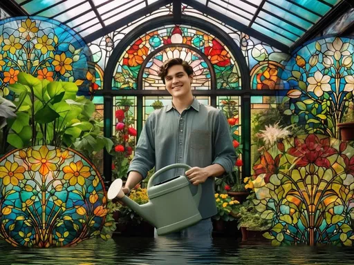 Prompt: 
Symmetrical image in a greenhouse with many beautiful plants, in the centre a young gardener with a watering can, around him four stained glass windows, with beautiful flowers