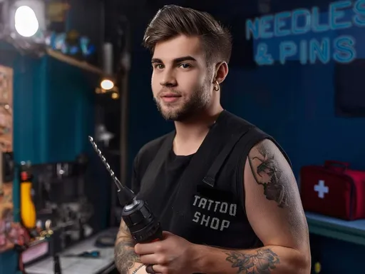 Prompt: Medium shot of a sturdy young man, 20 years old, in a black T-shirt, posing mockingly with a heavy drill in his hands, with his fully equipped tattoo shop in the background, with dark lighting