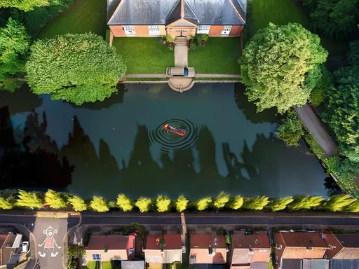 Prompt: 
2025 Better Man. Tribute to Robbie Williams biopic. A monkey lying on an air mattress on a pond, surrounded by simple working-class houses and an expensive English country house
