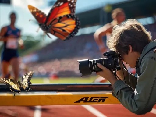 Prompt: a man taking a picture of a butterfly on a track with a camera and a camera flash behind him, Adam Szentpétery, art photography, affinity photo, a macro photograph