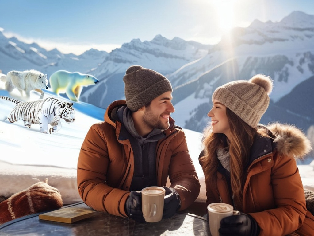 Prompt: a couple sitting at a table with two cups of coffee in front of them, with polar bears and polar bears in the background, Chris LaBrooy, art photography, promotional image, a stock photo