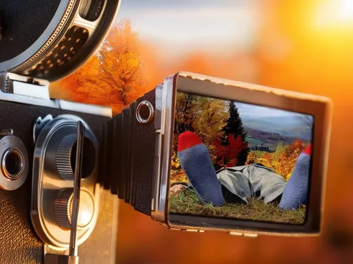 Prompt: 1955 The Trouble with Harry. Detail image of an old-fashioned film camera, with a beautiful autumn landscape in the sun as a blurred background. In the camera the reflection of Harry's dead body