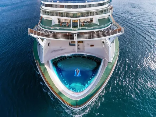 Prompt: 
Symmetrical image from top to bottom, the forecastle of a large passenger ship, with an open-air swimming pool at the front, with a shark's mouth painted on the bottom, plus a sunbather on an air mattress