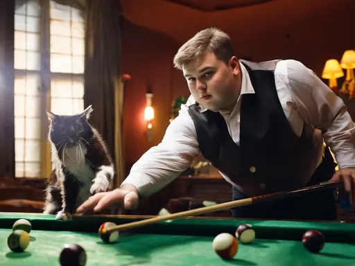 Prompt: The killjoy. Atmospheric image in an old-fashioned gaming room, in the foreground a billiard table, a young, handsome, chubby player in uniform, an annoying cat that tries to interfere with the game, under atmospheric lighting