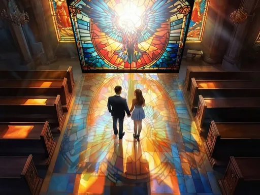 Prompt: a couple walking down a church aisle towards a stained glass window with a dove on it's side, Cedric Seaut (Keos Masons), sots art, rossdraws global illumination, concept art