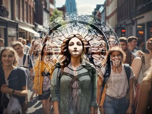 Prompt: 
A face in the crowd. Symmetrical image in a street with many young laughing people, with a young girl in the centre, whose head is the centre of a monumental black and white stained glass window