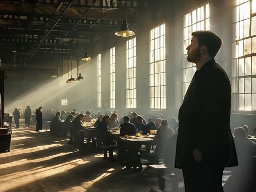 Prompt: a man standing in a large room with lots of windows and people sitting at tables in the room and eating, Artur Tarnowski, socialist realism, cinematic photography, a renaissance painting