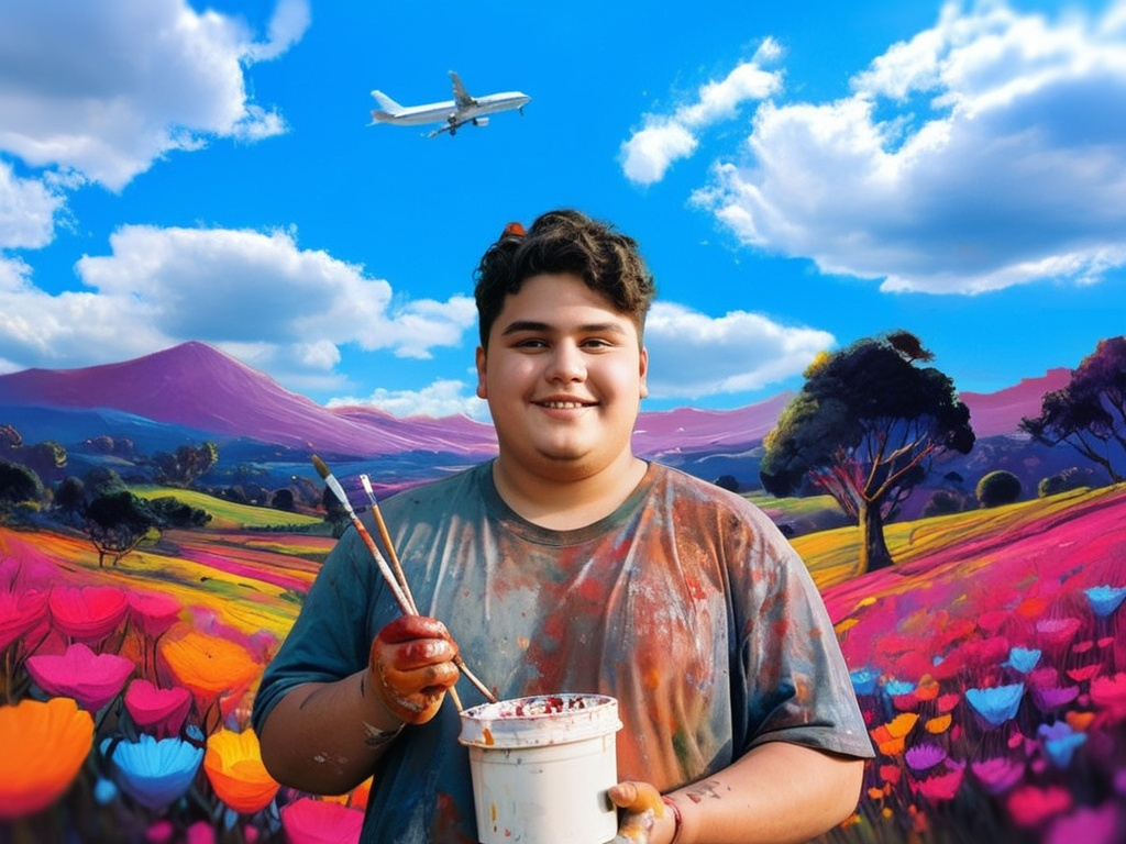 Prompt: a man holding a paint bucket and a paintbrush in front of a painting of a landscape with a plane flying overhead, Fernando Botero, american scene painting, professional digital painting, a hyperrealistic painting