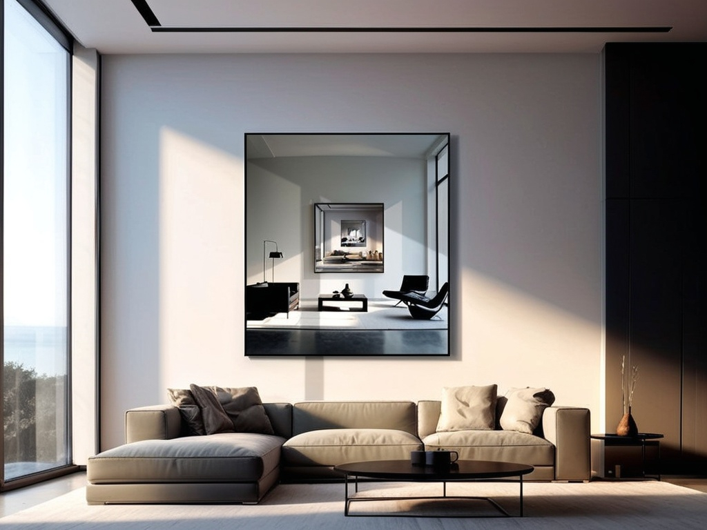 Prompt: a living room with a couch and a mirror on the wall above it and a table with a lamp, Andreas Gursky, photorealism, modern art deco, a minimalist painting