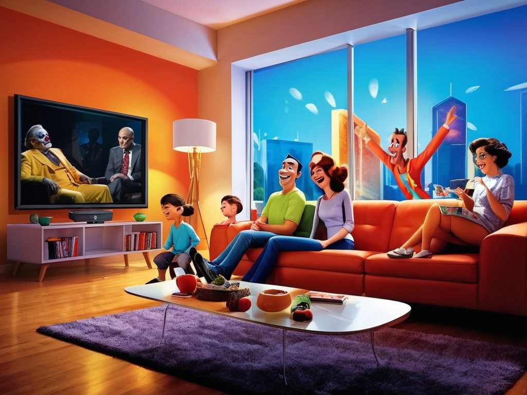 Prompt: a family sitting on a couch watching tv together in a living room with a large window and a painting of a man on the wall, Chris LaBrooy, american scene painting, promotional image, a digital rendering