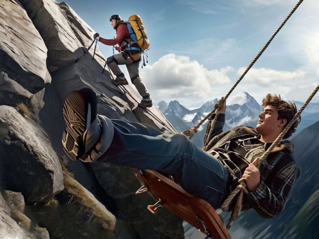 Prompt: 
Man on a Swing-Two. Young man swinging on a swing, with a mountain climber in full gear in the background and a beautiful summer mountain landscape