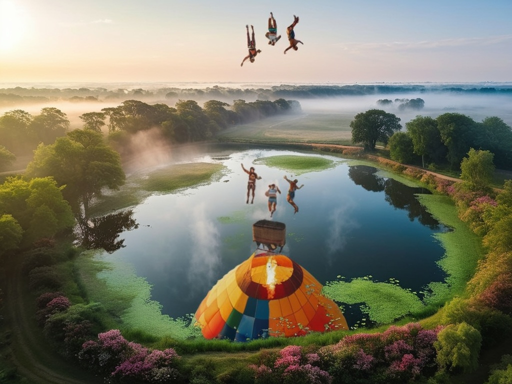 Prompt: 
Action image from quite high up, a beautiful pond in a misty nature reserve, in the morning, with the reflection of 3 people jumping from a hot air balloon in the water, with the same jumpers effectively visible above the horizon