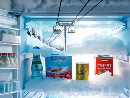 Prompt: a refrigerator with ice and soda inside of it and a ski lift in the background, and a can of soda in the bottom right, Arie Smit, photorealism, hyper real, a matte painting