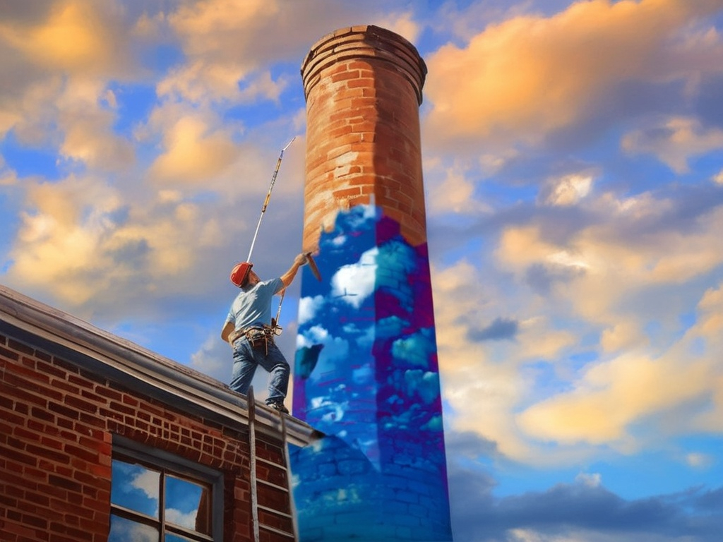 Prompt: 
Image seen from bottom to top, a huge round chimney made of brick, with a beautiful cloudy sky painted on it