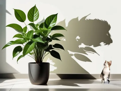 Prompt: Challenges. A beautiful plant on the floor in the sunlight, with the silhouette of an angry roaring lion in the shadow. A small beautiful cat looks up worriedly.