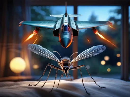 Prompt: a mosquito is flying next to a fighter jet in a room with a window and a lit up light, Anne Geddes, art photography, award winning photograph, a microscopic photo