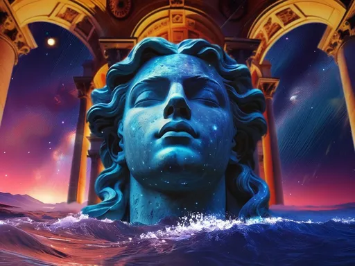 Prompt: 
Poseidon. Monumental statue of the head of a Greek God, surrounded by turbulent water and above him a gigantic ancient gate and in the background a colourful starry sky at dusk