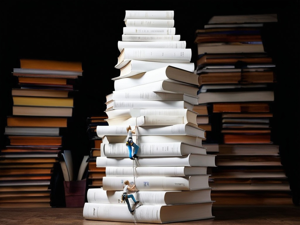 Prompt: a stack of books with a person climbing on one of them and a stack of books behind them on the other, Dirk Crabeth, academic art, surreal photography, an abstract sculpture