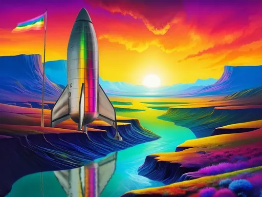 Prompt: a painting of a space shuttle flying over a river and mountains at sunset with a rainbow colored sky and a rainbow - colored stream, David A Hardy, space art, sci fi, an airbrush painting