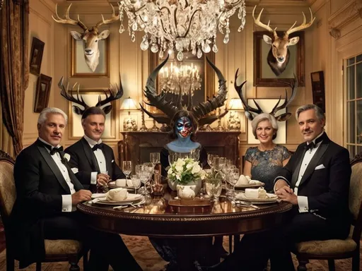 Prompt: a group of people sitting around a table with food and drinks in front of them with deer heads on the wall, Enguerrand Quarton, antipodeans, vfx, a stock photo