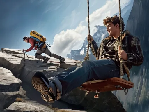 Prompt: 
Action shot from a distance, a mountain climber seen from the side and in profile, wearing mountaineering equipment, climbing a mountain with a 45 degree incline, in the foreground a young man on a swing