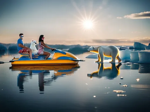 Prompt: 
Future tourism. Landscape in the North Pole where most of the ice has melted due to global warming and where a few polar bears still wander around in the melted ice water, under a glowing sun. On the water a colourful pedal boat with 2 laughing tourists