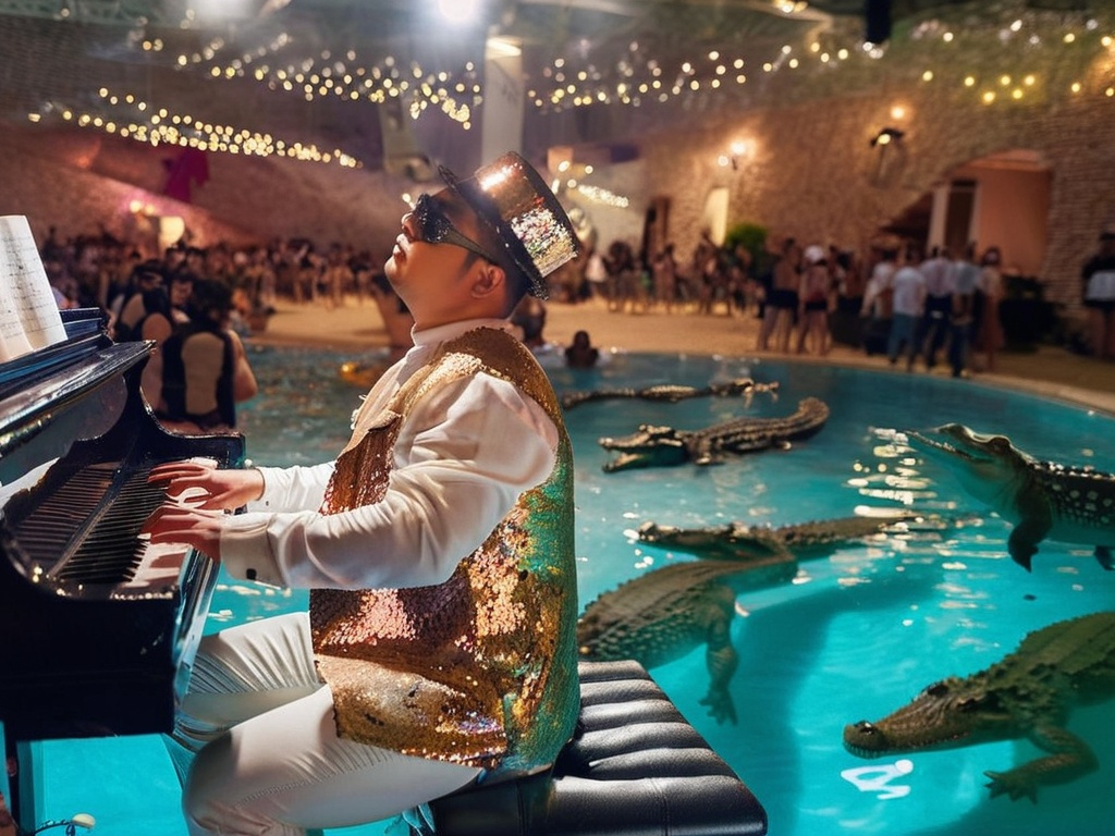 Prompt: 
1972 Crocodile Rock, Tribute to Elton John. An indoor swimming pool full of cheerful crocodiles, a frenzied partying audience, in the background and in the foreground a chubby young singer at the piano in a glittering costume