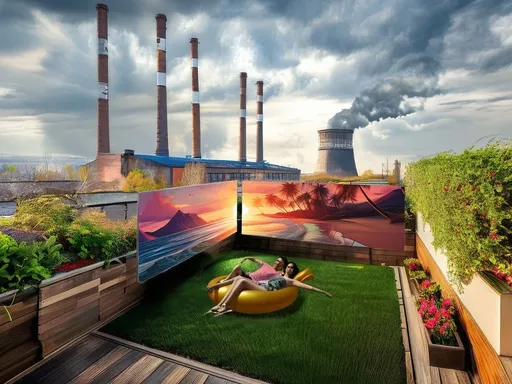 Prompt: a woman laying on a bean bag in a yard with a view of a factory and a river behind it, Chris LaBrooy, environmental art, solarpunk, a detailed matte painting