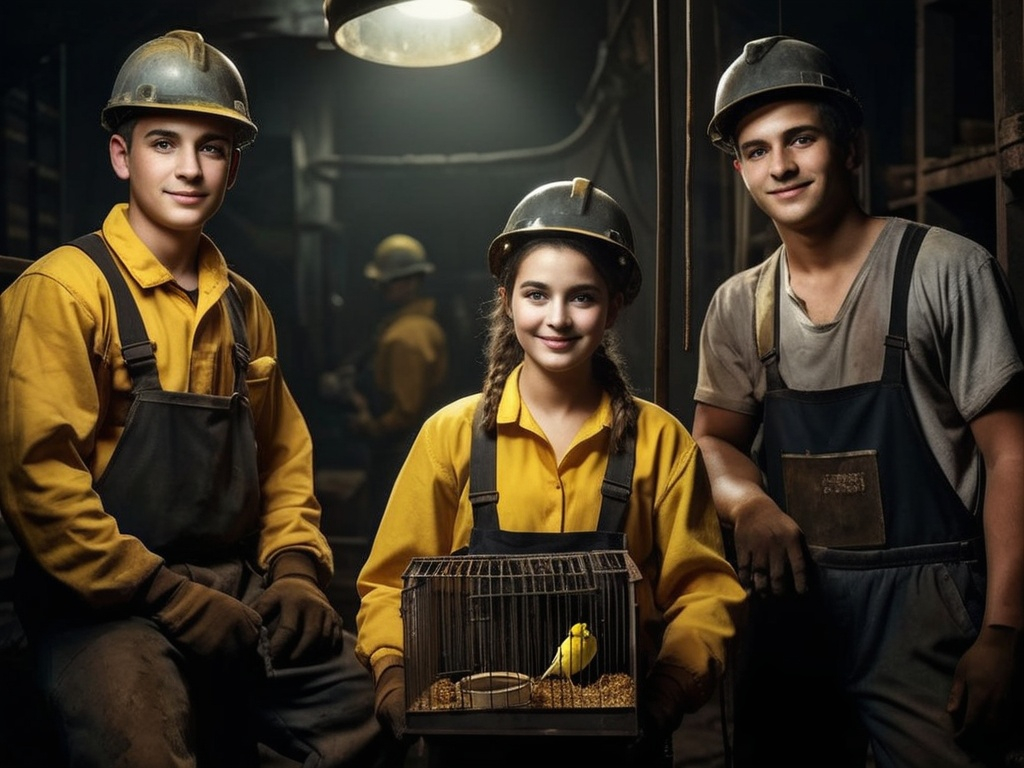 Prompt: three people in work gear posing for a picture with a bird in a cage in front of them and a bird in a cage in the middle, Diego Gisbert Llorens, magical realism, promotional image, a colorized photo