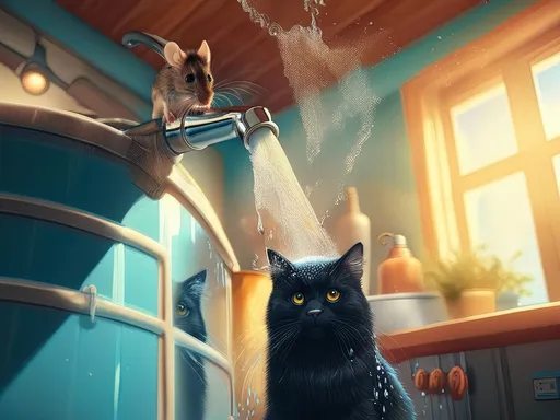 Prompt: 
Tom & Jerry Reborn. Image seen from bottom to top, a water tap from a pump tank in a kitchen with plenty of water flowing out of it, with a beautiful mouse at the tap and a beautiful black cat under water