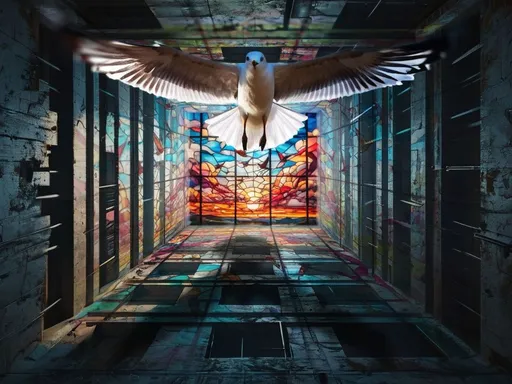 Prompt: a bird flying through a tunnel with a stained glass window in the background and a bird flying in the air, David Martin, orphism, surreal photography, cyberpunk art