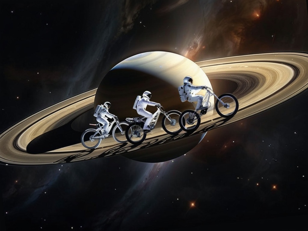 Prompt: 
Saturn's Tour. Three astronauts on a white space bike ride one after the other over the rings of Saturn