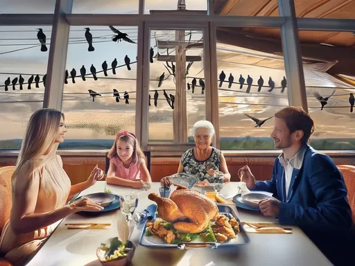 Prompt: 
1963 The Birds. Atmosphere image at the kitchen table, a young couple, a young girl and an older lady at the set table with a beautiful large roast chicken on the menu. In the background dozens of black birds on electricity lines that watch with interest