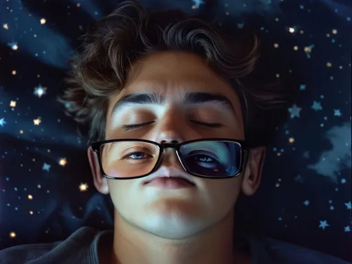 Prompt: 
My surrealistic glasses. Symmetrical close up of a young plump man, 20 years old, sleeping with his eyes closed, and wearing nice regular glasses that have slipped down to below his nose, with his eyes open in the glasses, with a beautiful starry sky in the background