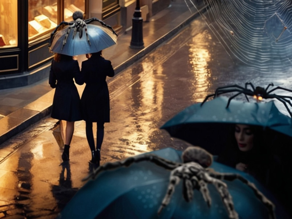 Prompt: 
Invasion. View from above, a chic shopping area in Paris, with 4 shopping ladies, holding an open umbrella, on which giant spiders have nested. At dusk and light rain