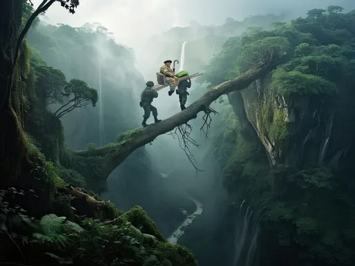 Prompt: 
Masters and servants. General overview view of a huge tree, which has fallen and lies flat over a huge deep ravine, with a misty tropical jungle deep below. Two soldiers with a litter and a fat colonel with an umbrella step over the tree