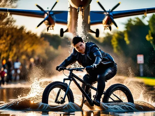 Prompt: 
Fat Bike 01. More water. Action shot of a plump young man, dressed completely in black, seen from the side, sitting laughing on a black fat bike, while riding through a puddle of water, which splashes high up. Behind him a fire-fighting plane is dumping water