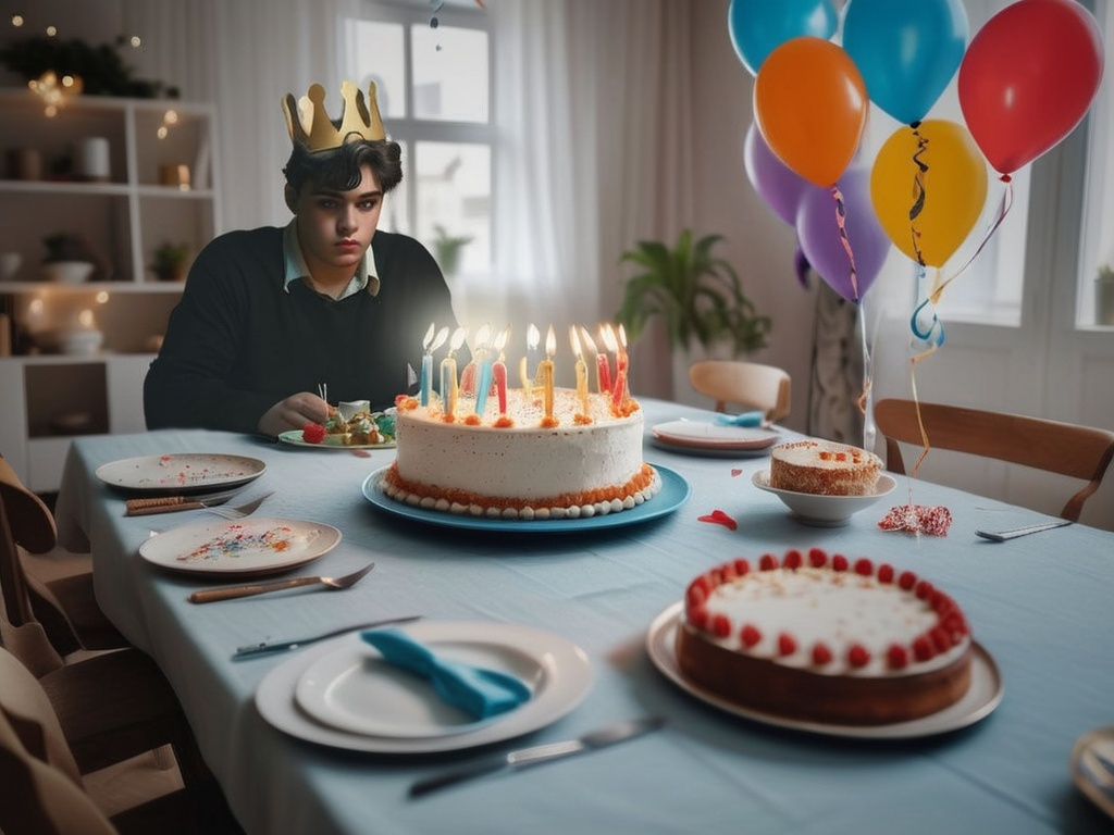 Prompt: a man sitting at a table with a birthday cake and balloons in the background with a lit candle on it, Emanuel Witz, art photography, promotional image, a stock photo