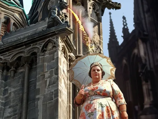 Prompt: 
The gargoyle. Image seen from bottom to top. In the foreground a dignified elderly lady in a glittering dress, with lots of jewellery and a parasol in her hand. Behind her on high is a medieval cathedral with a gargoyle that pours down glowing oil