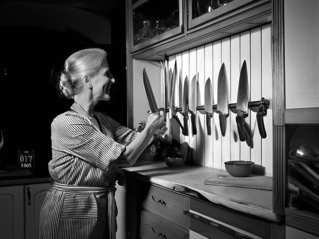 Prompt: 
1960 Psycho-03. Black and white image of a thin, older woman, dressed in an old-fashioned way like in the 60s, standing in her old-fashioned kitchen, looking for the suitable knife from her knife rack