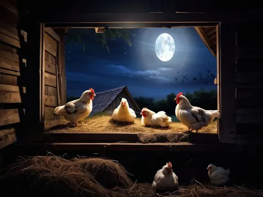 Prompt: 
The night is soft. Idyllic image at night in an old-fashioned chicken coop, where some chickens sleep peacefully, while you see the full moon shining through an opening in the barn