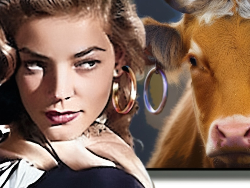 Prompt: a woman with earrings and a cow with a ring on her ear and a picture of a cow with a woman's face, Art Brenner, conceptual art, photorealistic imagery, a digital rendering